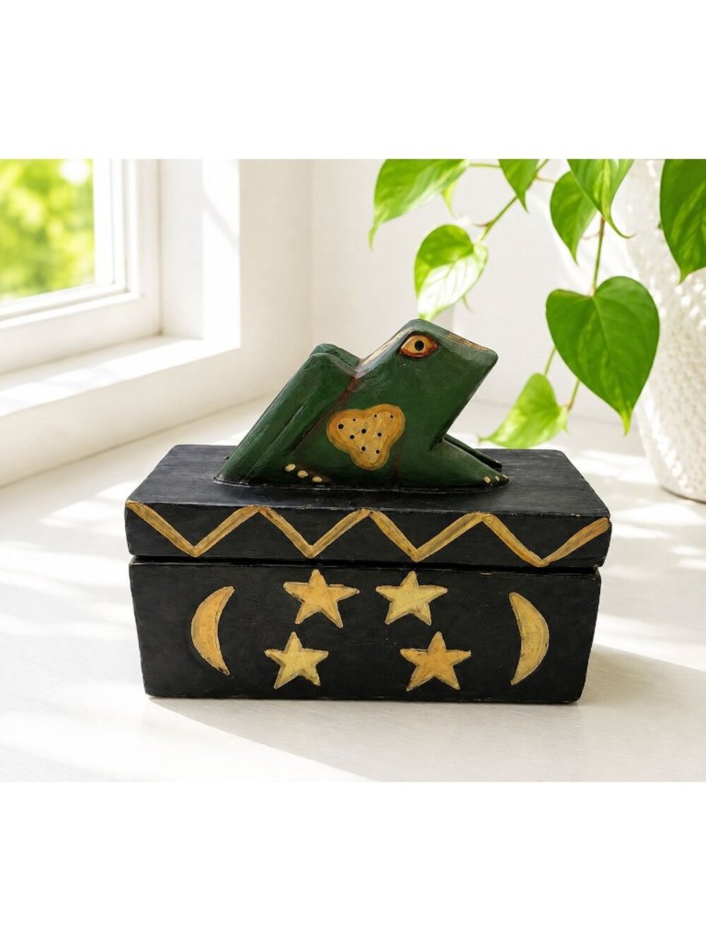 Vintage Folk Art Frog Trinket Box Hand Painted Wood Moon & Stars Whimsical Cotta